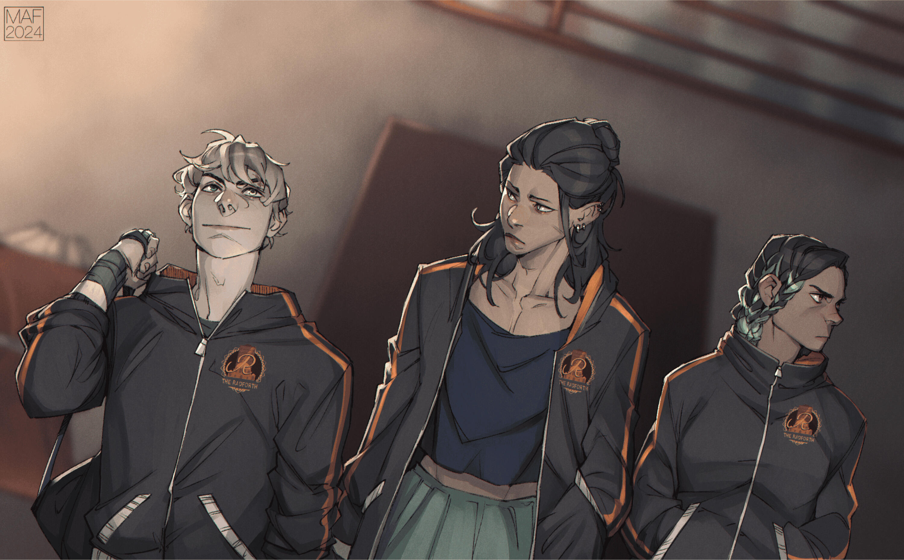 Day, Silas & Kayleigh The protagonists. Day, a white man in a black windbreaker, looking smug. Silas, an Asian man with pierced ears wearing a cropped top and high-waisted pants, looking anxious. Kayleigh, a Latinx person with black and green braided hair, looking angry.