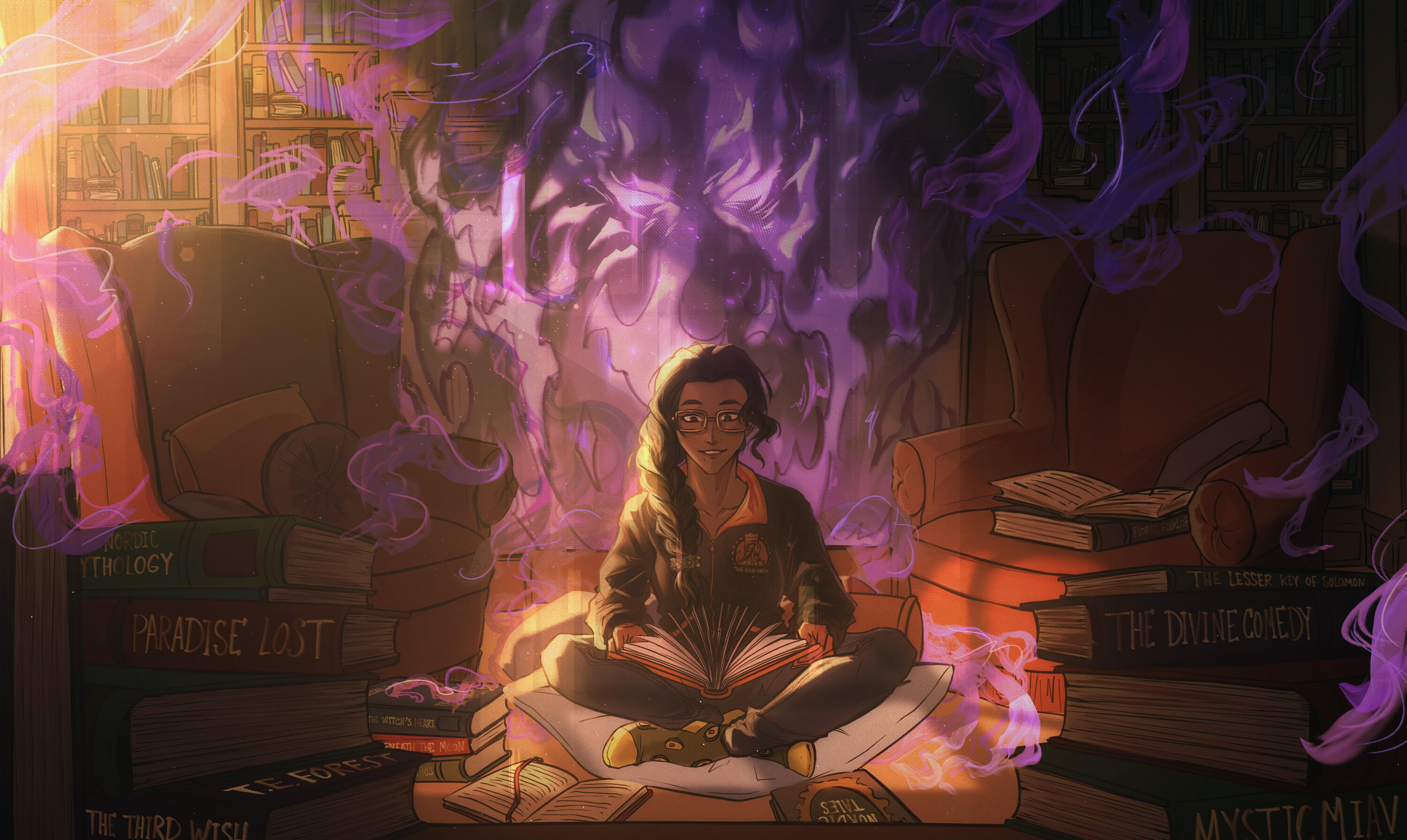 Vana & Saaniyah, by MysticMiav Girl sits on a pillow in a library. She's wearing glasses, a black and orange jacket with The Radforth logo on her chest, avocado socks, and her dark hair in a braid. She has a book open in her lap, from which comes purple smoke with eyes.